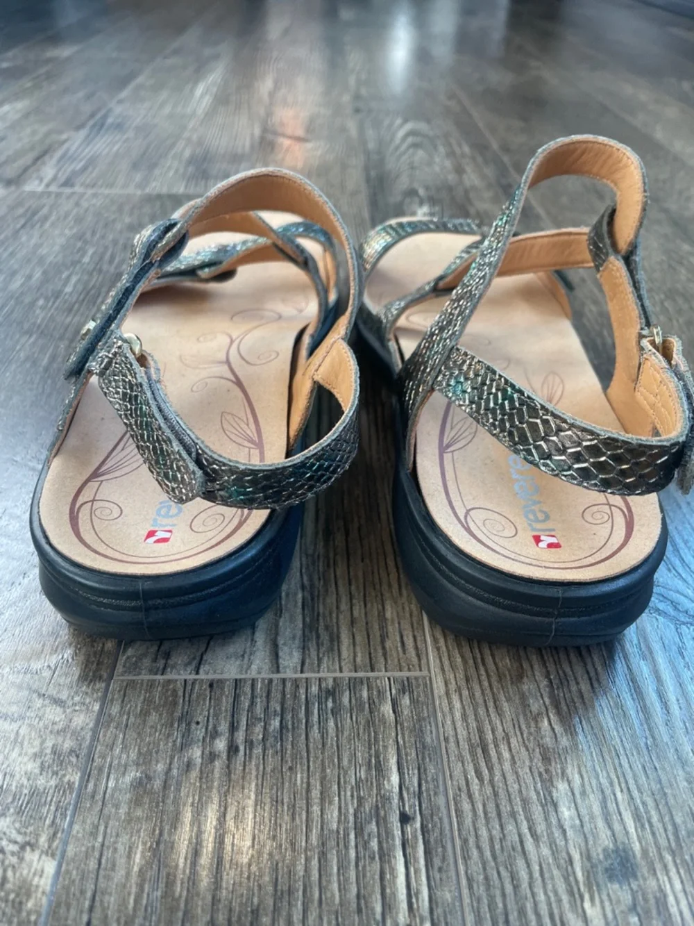 Revere Adjustable-strap leather Sandal Size 11‎ in metallic snake print